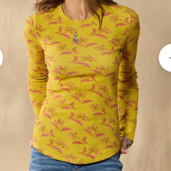 Sundance Sausalito 3/4 Sleeve Thermal Waffle Gold Yellow Pink Floral Size PL - Picture 2 of 10